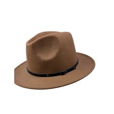 Brown Wool Blend Fedora Hat Wide Brim Adjustable Black Buckle Band Mens Womens