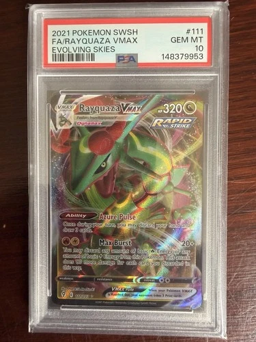 Pokémon TCG 2021 Rayquaza VMAX Ultra Rare Holo 111/203 Evolving Skies PSA 10 EN