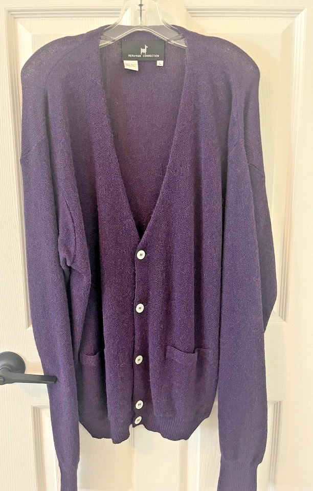 Peruvian Connection Alpaca Cardigan Sweater Purple V-Neck Pockets Mens Large - Image 3 of 4