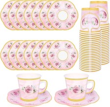 50 Pcs Paper Tea Cups  Plates Pink Floral Disposable Paper Teacups  Saucer