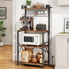Bakers Rack with Power Outlet, Kitchen Shelves Microwave Stand with Wire Grid 