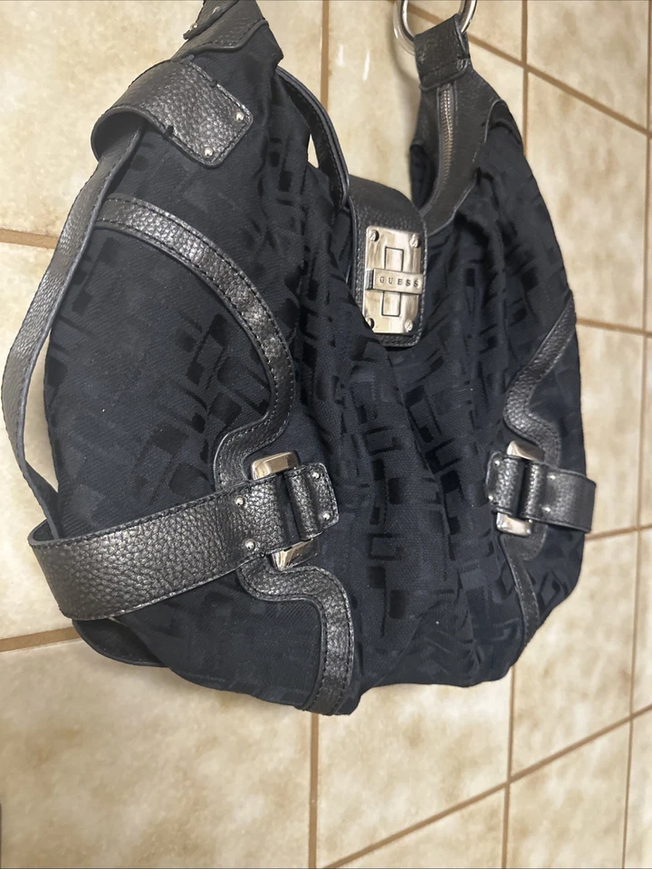 Guess Women’s Purse, Black Leather Canvas Strappy Hobo Shoulder 90’s Retro Y2K - Image 4 of 4