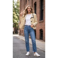 Vintage Kasper for ASL Cream Wool Blend Blazer Black Trim Size 10 Jacket