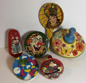 Vintage Tin Spinning Top Toy Litho Noise Makers Mix Lot of 6 All Work