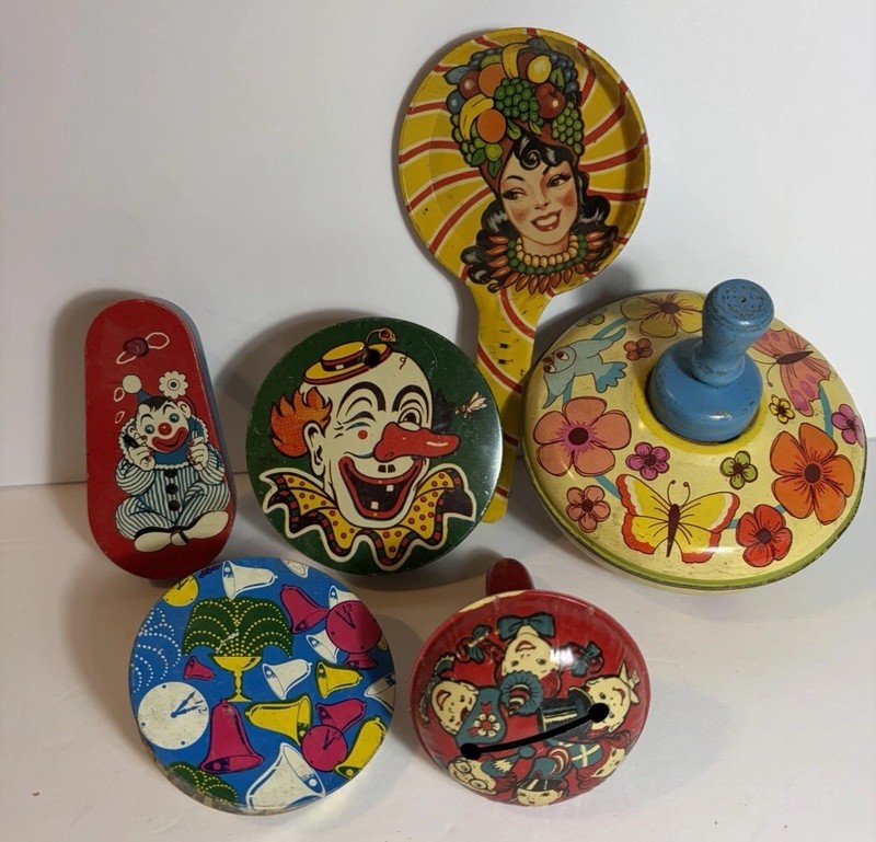 Vintage Tin Spinning Top Toy Litho Noise Makers Mix Lot of 6 All Work