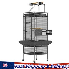 61" Large Bird Cage w/Rolling Stand Playtop Wrought Iron Parrot Cage Black