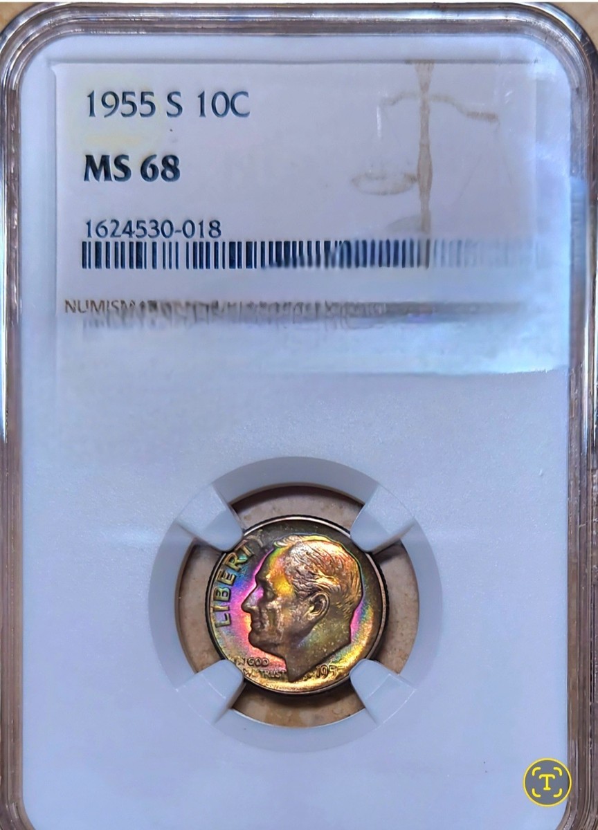 1955 S 10c NGC MS-68🌈 DUAL SIDED RAINBOW TONED ROOSEVELT DIME