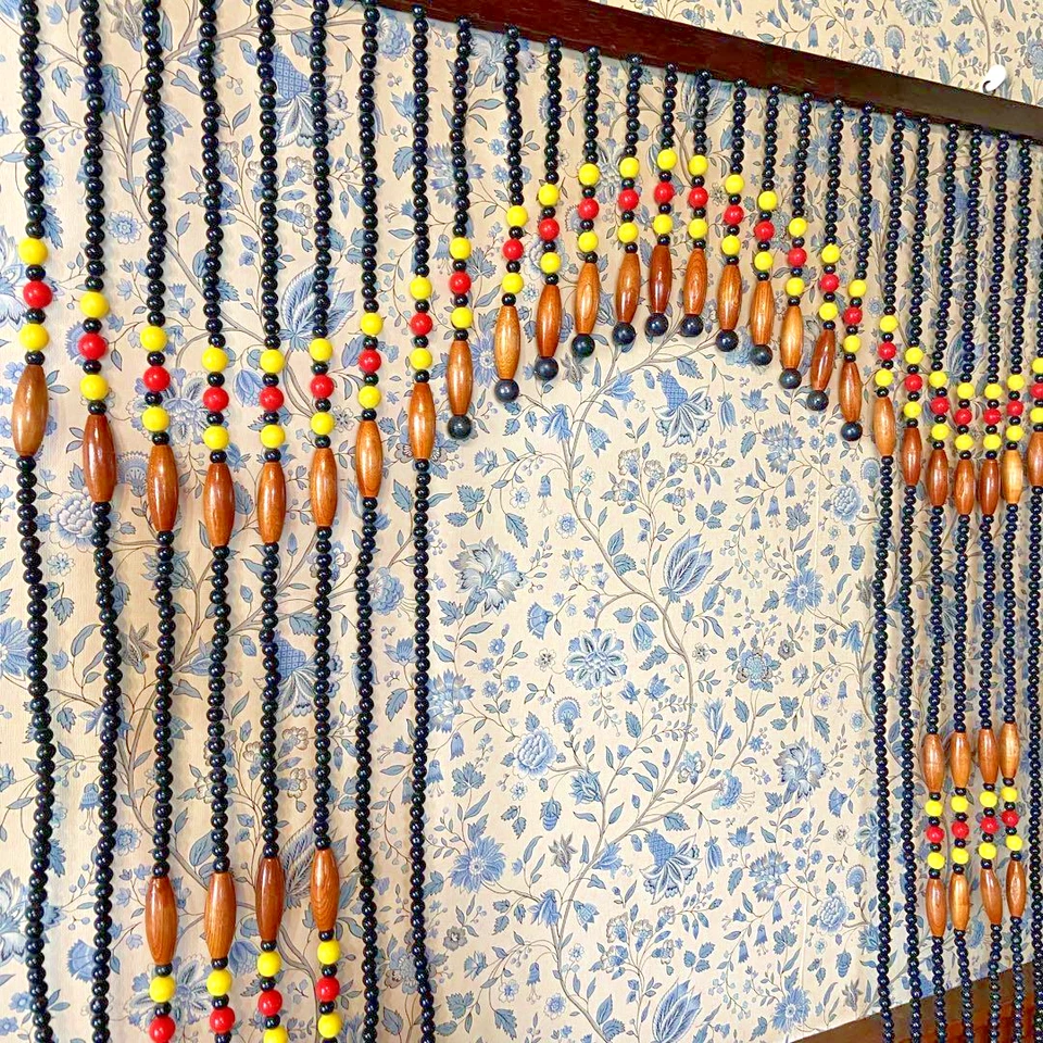 Vintage Showa Retro Beaded Noren Curtain Black with Red Yellow Lines Japan - Image 4 of 4