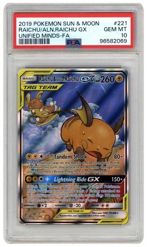 Pokemon Sun & Moon Unified Minds FA Raichu & Alolan Raichu GX #221 - PSA 10