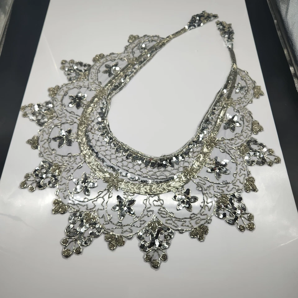 Elegante chal corbata con lentejuelas plateadas en hilo de tul negro envoltura estola noche fiesta Foto 2 de 4