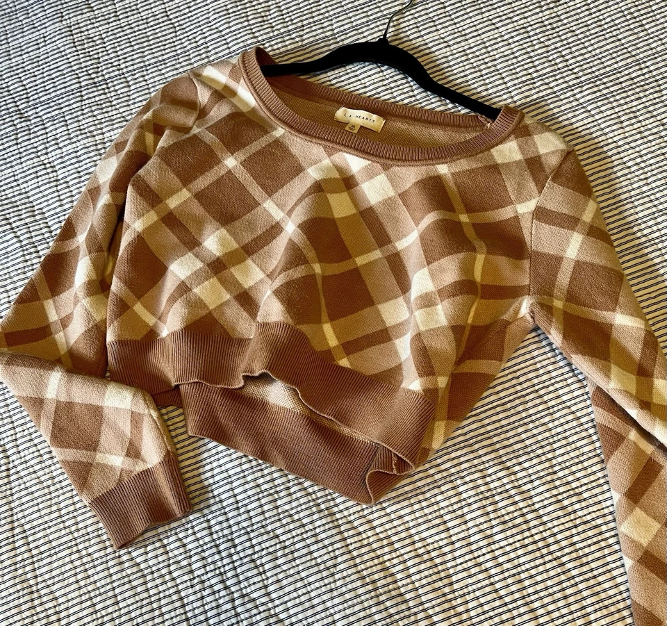 Suéter Pacsun marrom e bege xadrez manga comprida cropped tamanho XS - Imagem 2 de 4