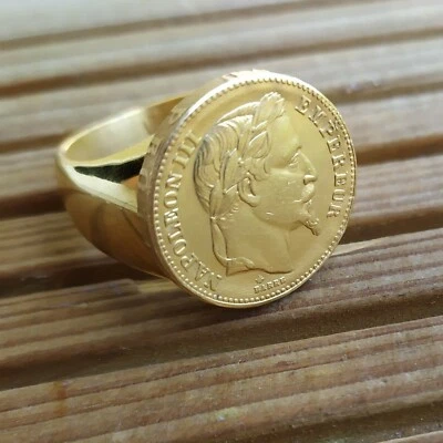 Bague Chevalière Napoléon III en Acier Inoxydable Dorée Or Fin Fait à la Main - Photo 1/4