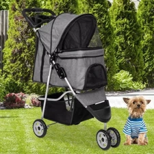 3 Wheels Pet Stroller Foldable Cat Dog with Cup Holder & Storage Basket, Grey