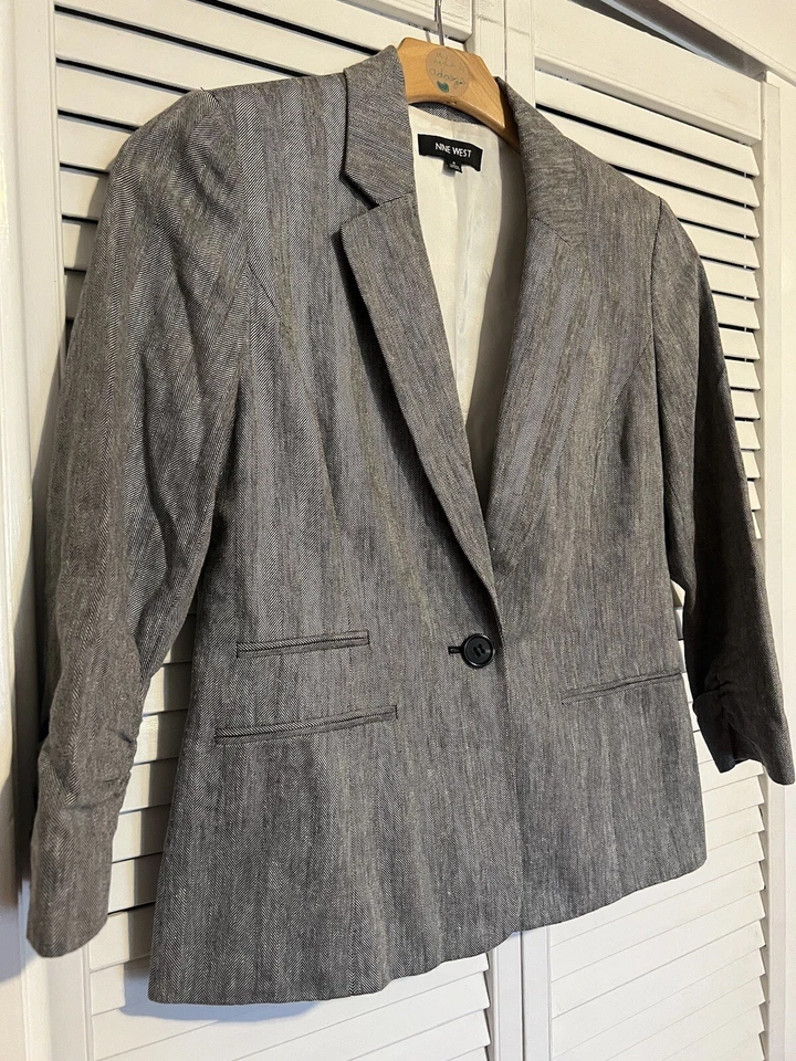 Chaqueta Blazer NINE WEST Para Mujer Talla 8 Mangas Empujadas Trabajo Carrera Mezcla de Lino Foto 2 de 4