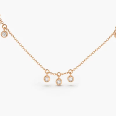 Damen Halskette Rosegold 585 14K Kette Collier 9 Diamanten Brillanten Anhängern  - Bild 1 von 4