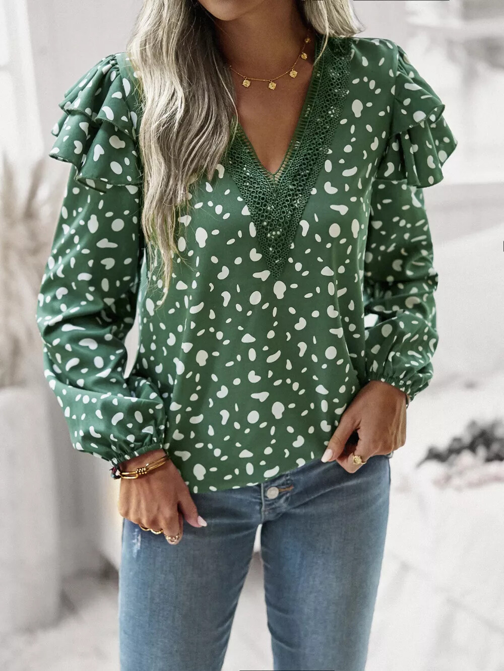 Camisa Blusa Mujer Camiseta Sin Mangas Blanca Verde Con Lunares 52135