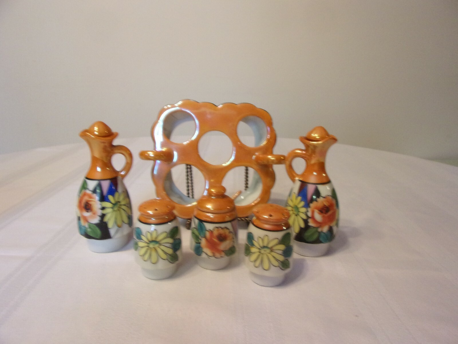 LUSTRE WARE CONDIMENT SET HOLDER, 2 CURETS, SALT & PEPPER,  MAYO & SPOON