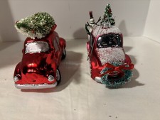 Volkswagen Bug And Red Truck christmas Ornaments Vintage Style.