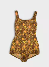 Vintage 60s Swimsuit Womens S One Piece Graphic Tribal African Design Skort