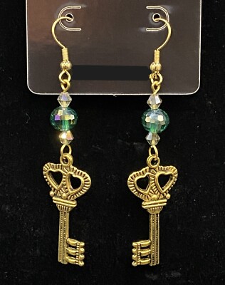 Handmade Key with AB Aqua Green Glass & AB Crystal Earrings by Neanie-Bot