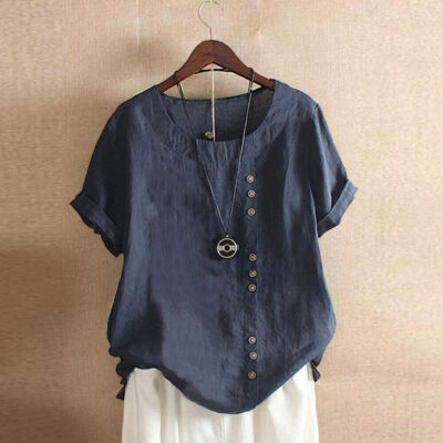 Women Short Sleeve Solid Tops Ladies Cotton Casual Shirt Loose Blouse US