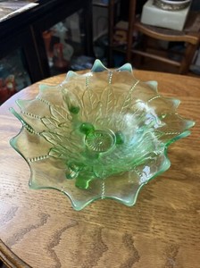  Northwood green carnival opalescent glass footed  leaf & beads bowl Rare!