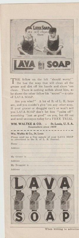1916  WM. WALTKE CO. LAVA SOAP AD-FREE SAMPLE COUPON