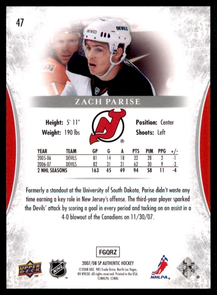 2007-08 SP Authentic Zach Parise New Jersey Devils #47 - Image 2 of 2
