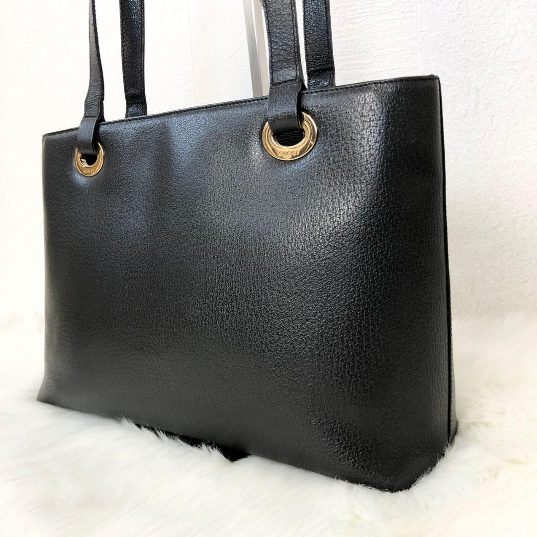 GUCCI Grained Shoulder Hand Bag Ziplock Leather Black Gold Hardware From Japan