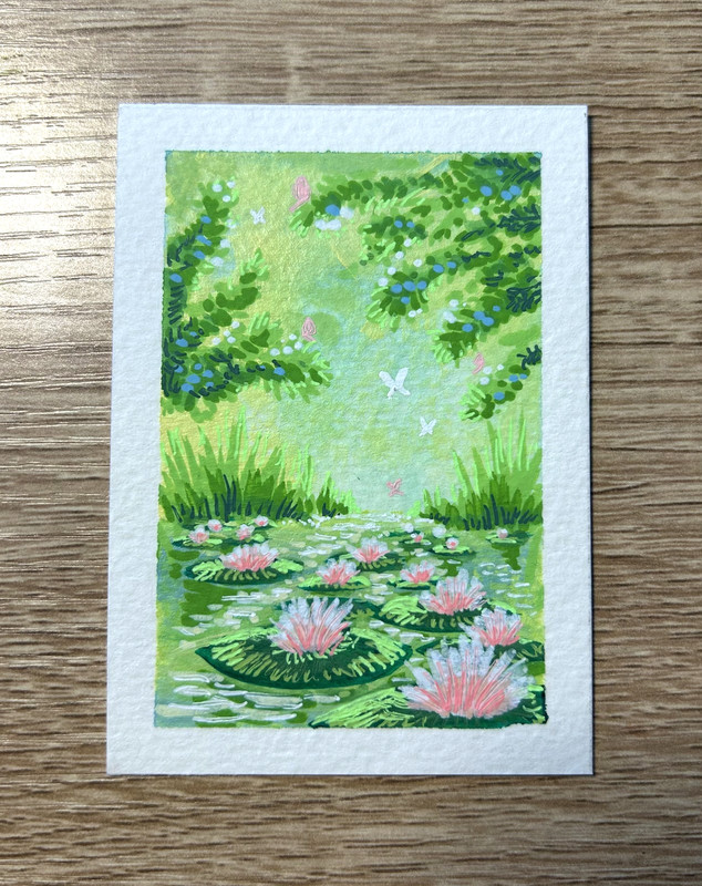 ACEO Original Art Card Painting, Lily Pond Landscape, Acrylic, 2.5 x 3.5