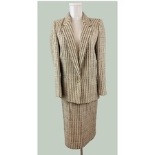 Dark Academia Vintage Italian Tweed Skirt Suit Set Tan Brown Sz 3/4