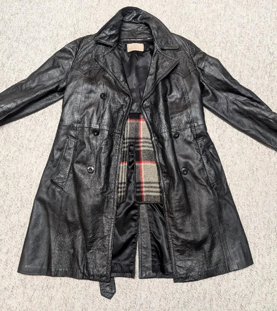 1970s vintage TRENCH COAT leather 38 double breasted BELTED black SHERLOCK image 5