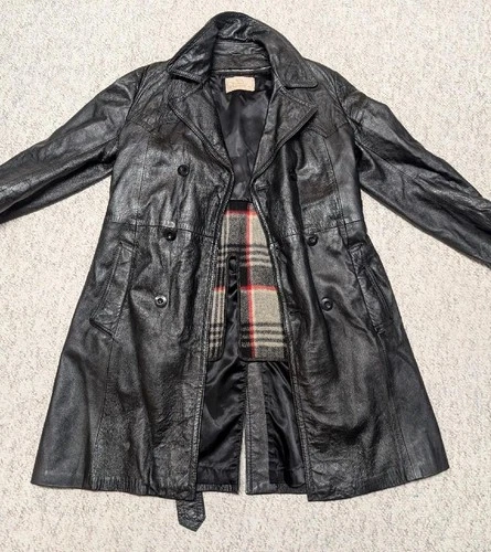 1970s vintage TRENCH COAT leather 38 double breasted BELTED black SHERLOCK image 5