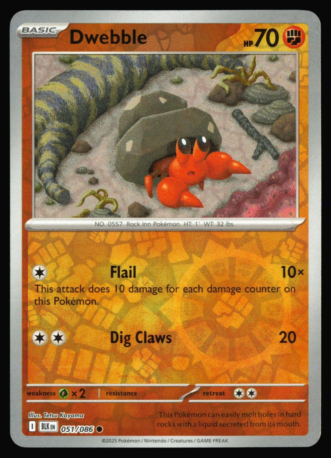 Dwebble 051/086 Common Black Bolt Pokemon Reverse Holo Near Mint