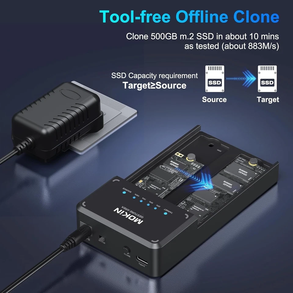 MOKiN NVMe Enclosure, M.2 SSD Enclosure Dual-Bay Offline USB 3.1 Docking Station - Image 2 of 4