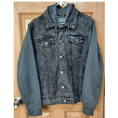Brooklyn Cloth Mens Large Acid Wash Denim Hooded Jacket Grey Mixed Media