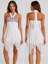 Handbeaded white dress with red blue embellished crystals dance costume 5/6