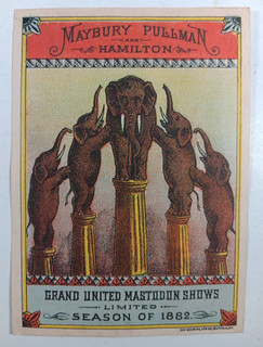 7. 1882 CIRCUS TRADE CARD Maybury Pullman Courier LItho Buffalo ELEPHANTS