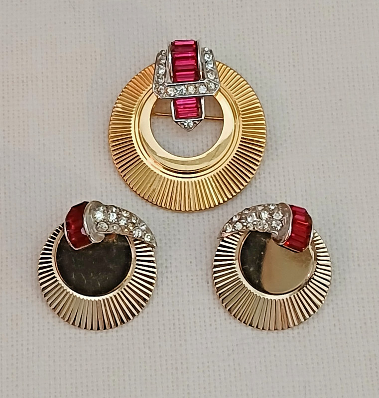 Vintage Gold Tone and Rhinestone Brooch w. Earrings Set Signed Marcel Boucher