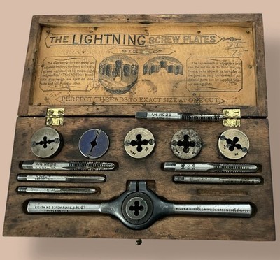 Antique 1800 s Wiley Russell Lightning Plates in Wood Box Greenfield Taps Wrench