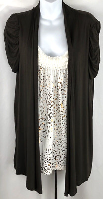 AB combo cardigan top XL brown ivory Leopard ruffle scoopneck ruched shortsleeve