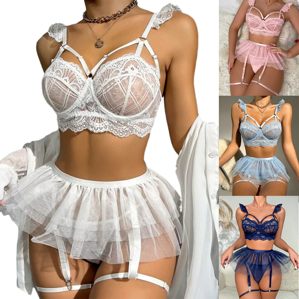 Womens Sexy Mesh Embroidery Lingerie Set with Garter Dress Underwear  Sleepwear | eBay