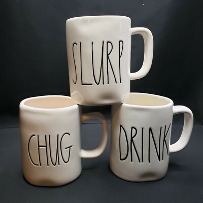 3 Rae Dunn Coffee Mugs DRINK SLURP CHUG Large Letter Farmhouse Artisan