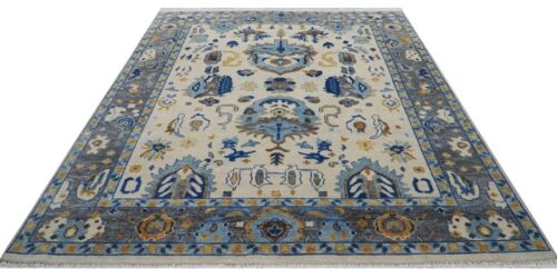 Handmade Antique Ivory-Blue Turkish Oriental Oushak Area Rug | Hand-Knotted Rug - Picture 2 of 9