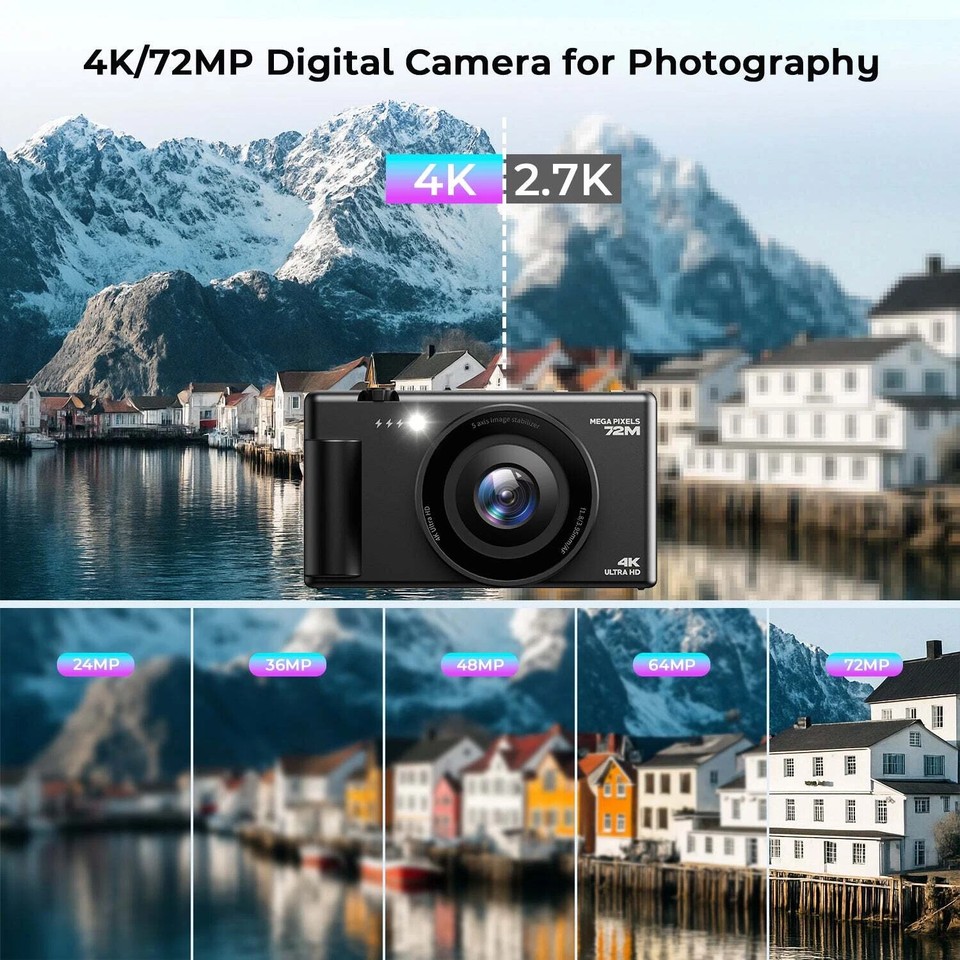 Digitalkamera 4K 72MP Mit Flip-Screen - 12x Optischer Zoom & WLAN