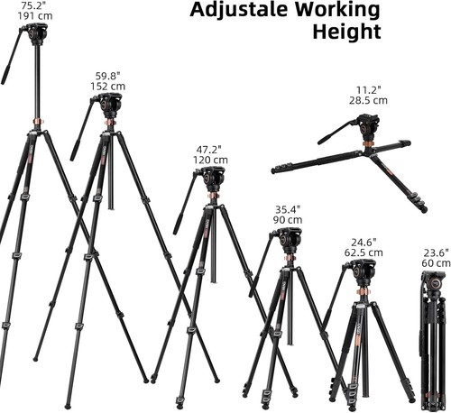 75-Inch Aluminum Fluid Head Tripod with Monopod Function – 13.2 lb Capacity - Picture 8 of 10