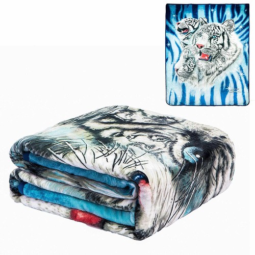 JPI Signature Collection 9 White Tigers Queen Size FLANNEL Blanket Faux