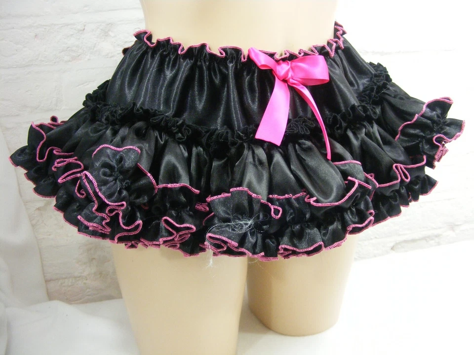 SISSY ADULT BABY SEXY FANCY DRESS black / cerise SATIN MICRO MINI FRILLY SKIRT - Image 2 of 4