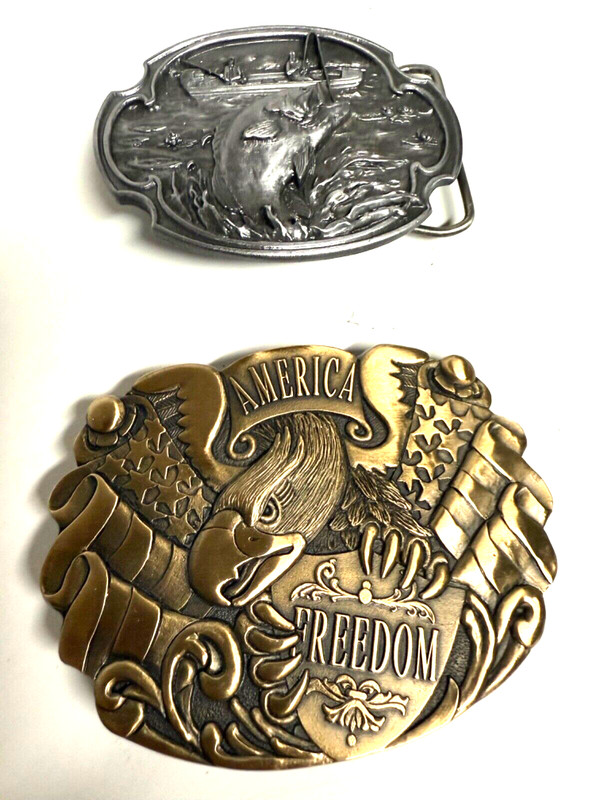 2 LARGE MEN'S BELT BUCKLES.  BASS & AMERICAN FREEDOM