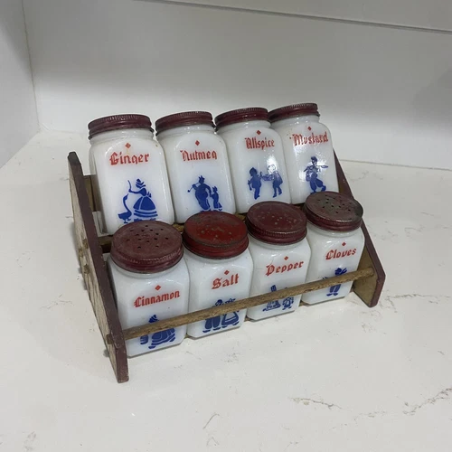 8 Vintage Hazel Atlas Milk Glass Spice Rack Red Blue Dutch Woden Rack Dove